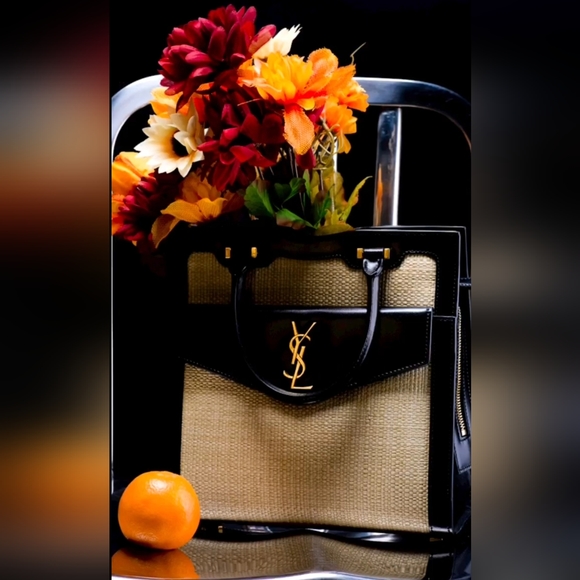 Very Rare! YSL Saint Laurent Uptown 2 in 1 Tote Canvas w/ Leather RAFFIA SATCHEL - Picture 5 of 16